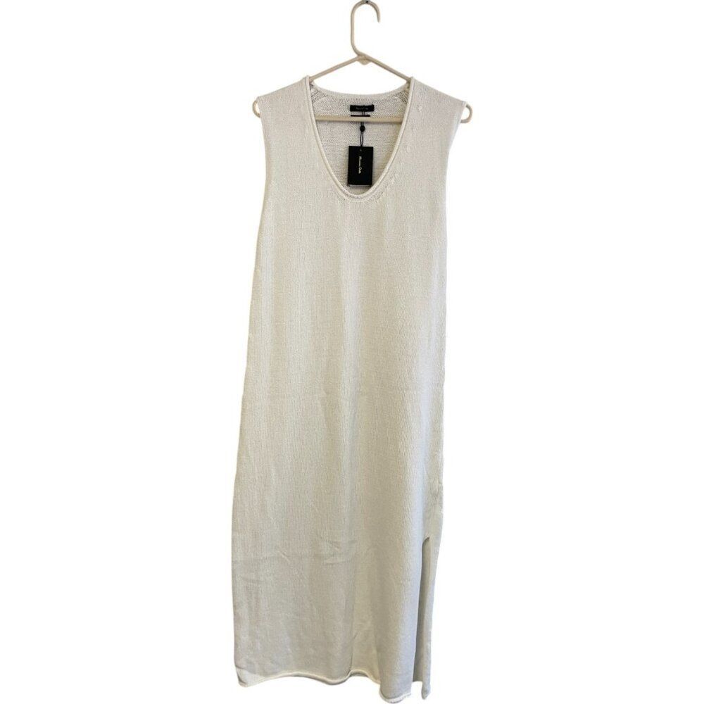 Massimo Dutti Women Midi Dress XS Cream V Neck Knit Slit Cotton 6600/530 NWT - Picture 2 of 10